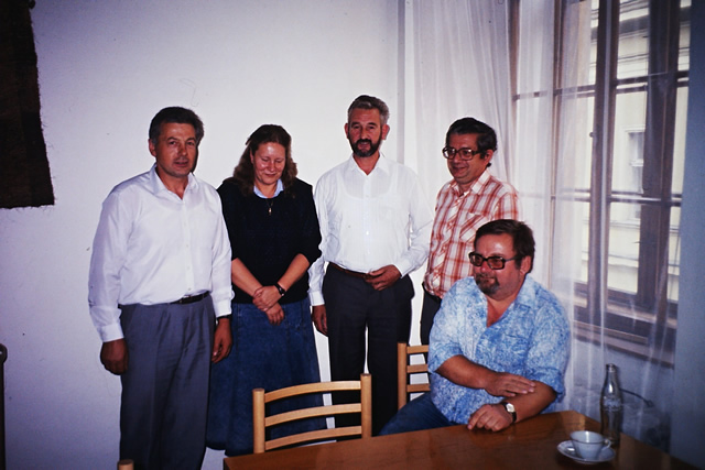 Sjezd Gymnofil Olomouc 1991, zleva Josef Odehnal, p Bartukov, Franz Strigl, Stanislav Stuchlk, Rudolf ern